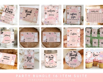 Editable Little Boo Ghost Baby Shower Invitation Bundle Halloween Girl Pink Ghost Baby Shower Party Decor Supplies Kit Instant Download T3