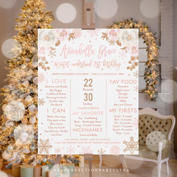 Editable Winter ONEderland 1st Birthday Poster Pink & Rose Gold Floral Winter ONEderland 1st Birthday Milestone Poster Instant download LH Il_570xn