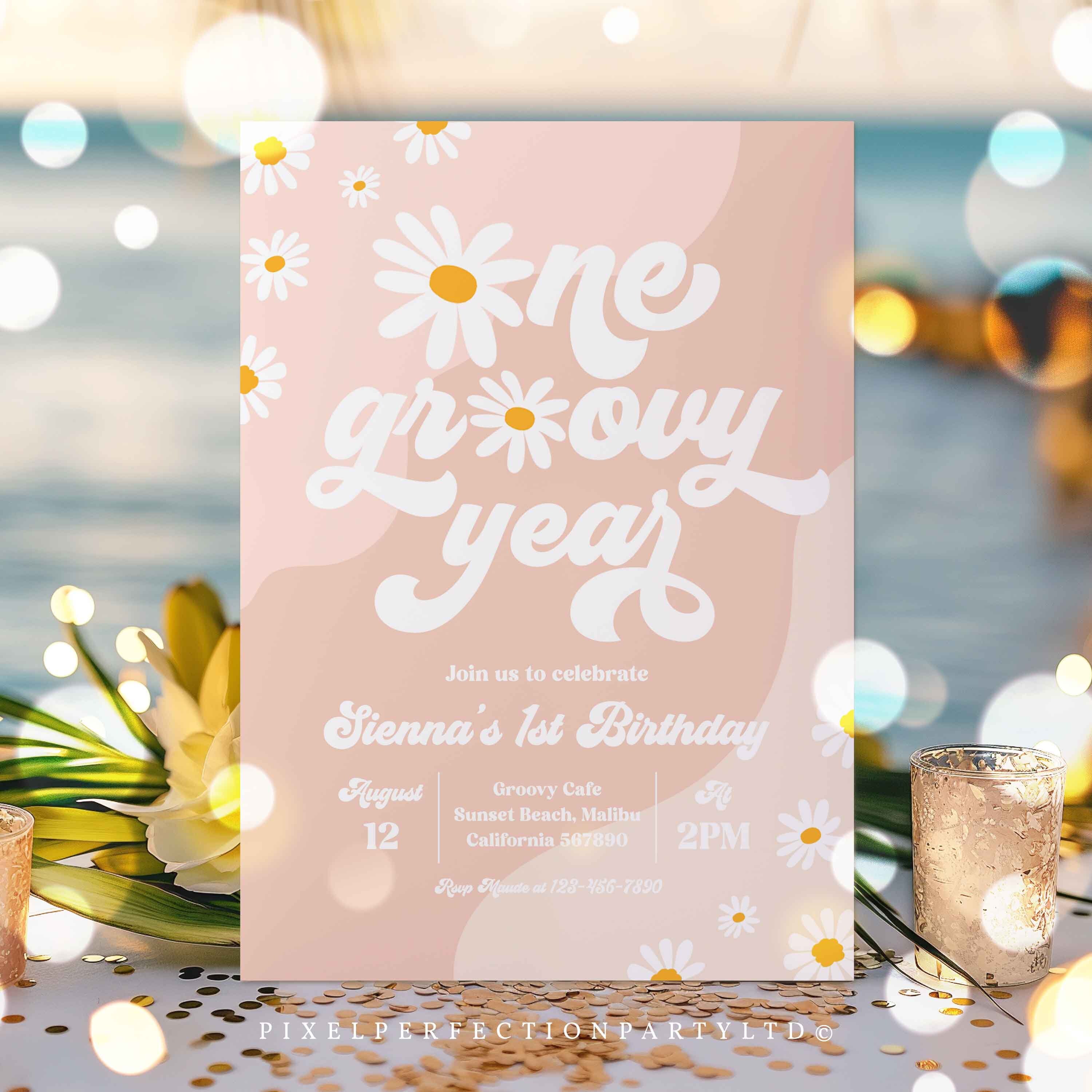 Editable One Groovy Year 1st Birthday Party Invitation Boho Retro ...