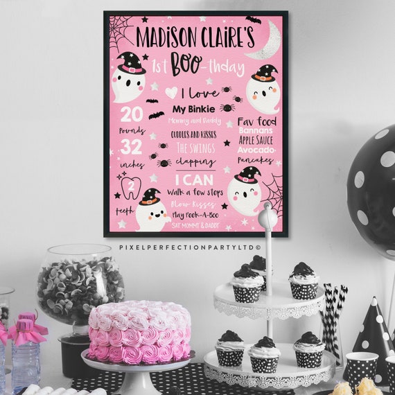 Editable Halloween Pink Ghost Milestone Poster Cute Ghost Halloween Birthday Stats Poster Little Boo Ghost 1st Birthday Instant Download SG Il_570xn