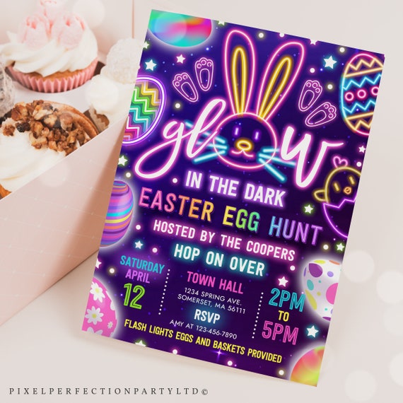 Editable Glow In The Dark Easter Egg Hunt Invitation Neon Easter Egg