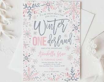 Editable WINTER ONEderland Invitation Pink And Silver Snowflakes Winter ONEderland Invitation Winter 1st Birthday Party Instant Download DE
