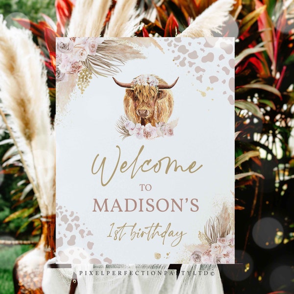 Editable Highland Cow Birthday Party Welcome Sign Holy Cow Birthday Decor Boho Pampas Grass Farm Co Birthday Instant Download Editable K4