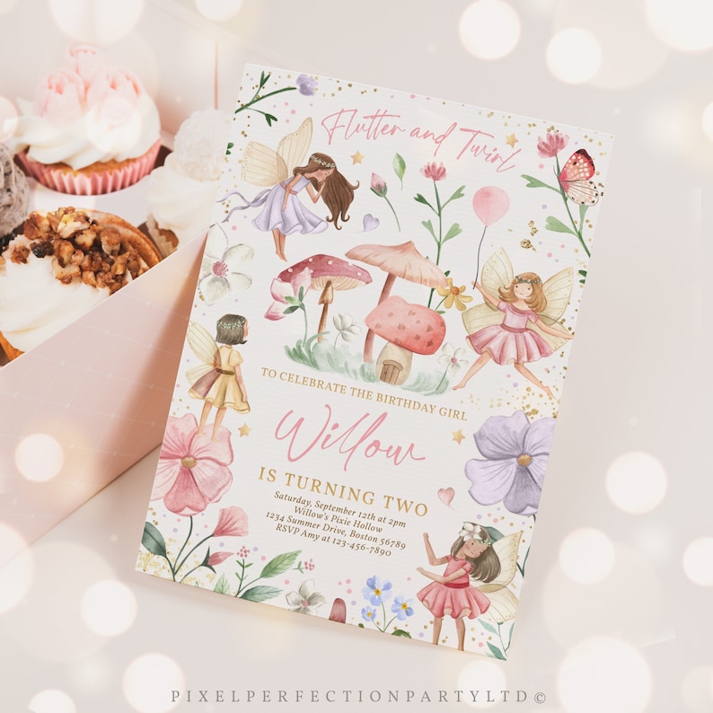 May include: A whimsical invitation with the text "Flutter and Twirl" and "Willow is turning two." The design features illustrations of fairies, mushrooms, flowers, and a butterfly. The invitation includes event details.