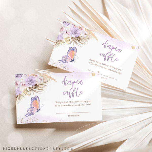 Editable Boho Butterfly Baby Shower Diaper Raffle Enclosure Card Pampas Grass Lilac A Little Butterfly Is On The Way Instant Download BX