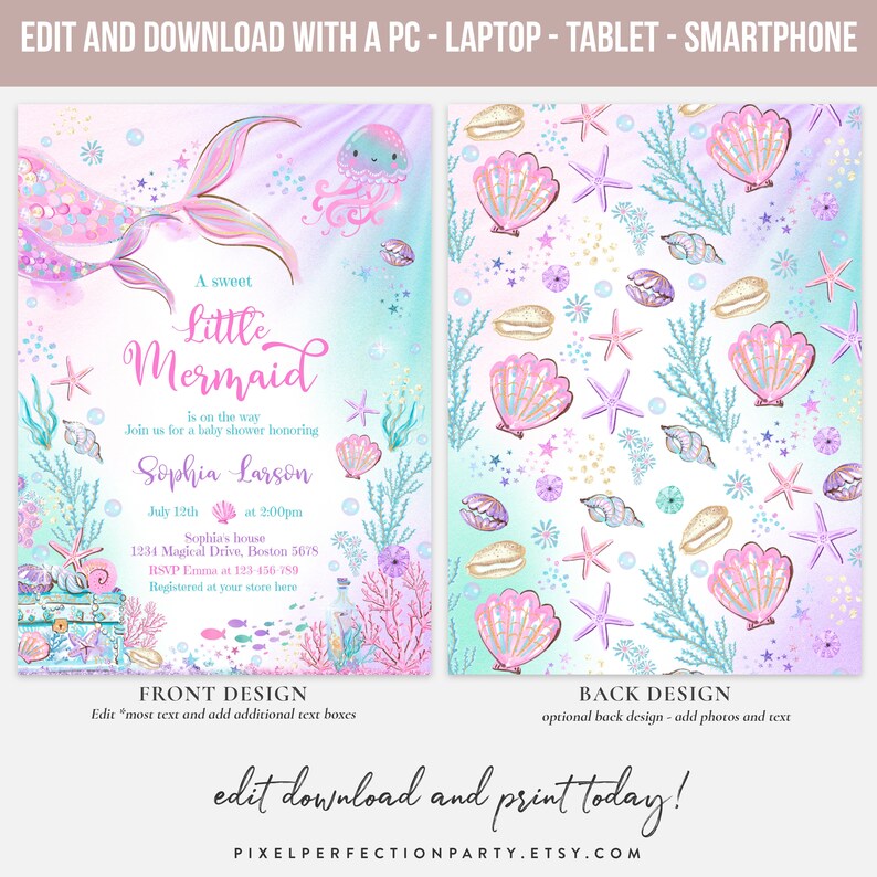 Editable Mermaid Baby Shower Invitation Little Mermaid Under The Sea Baby Shower Invite Whimsical Mermaid Baby Shower Instant Download UH1 image 4