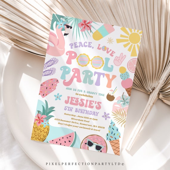 Editable Peace Love Pool Party Invitation Tropical Splish Splash Groovy Pool Party Invite Summer Pool Splash Pad Party Instant Download FK Il_570xn