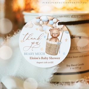 Editable Teddy Bear Hot Air Balloon Baby Shower Favor Tags Blue Boy Teddy Bear Baby Shower Favor labels Instant Download JE
