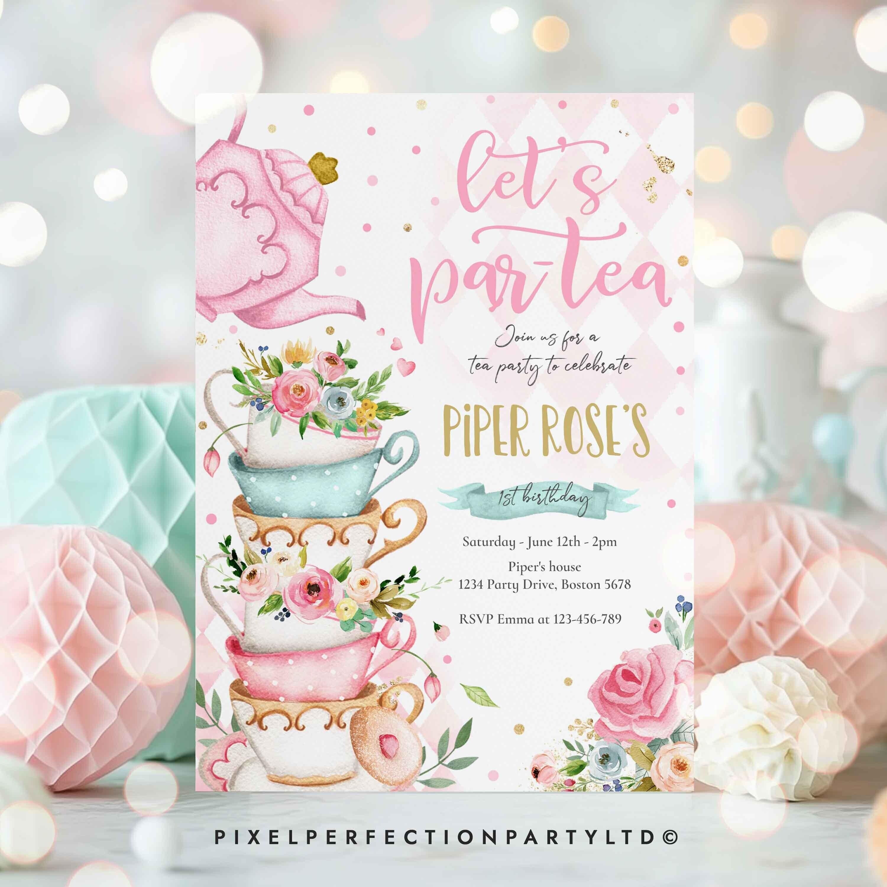 Editable Tea Party Birthday Invitation Pink & Gold Floral Par-tea Birthday  Invite Pink Gold Floral Whimsical Tea Party Instant Download TR - Etsy