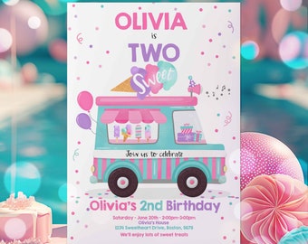 Editable Ice Cream Truck Birthday Invitation Ice Cream Two Sweet 2nd Birthday Party Invitation Two Sweet Ice Cream Party Instant Download WV