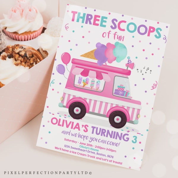 Editable Ice Cream Truck Three Scoops Of Fun 3rd Birthday Party Invitation Ice Cream 3rd Birthday Three Scoops Of Fun Instant Download WP