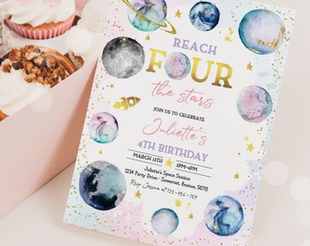 Editable Reach Four The Stars Space Birthday Invitation Girl Pink Planets Galaxy Outer Space Birthday Party Invitation Instant Download I9