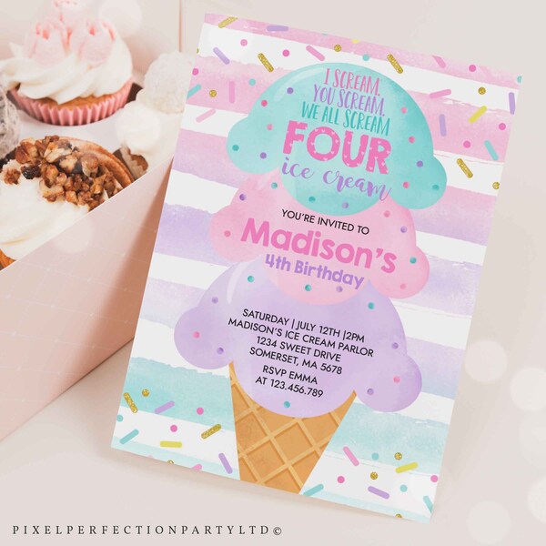 Editable Ice Cream Birthday Invitation I scream You Scream We All Scream Four Ice Cream 4th Birthday Party Invite Invite Instant Download WC