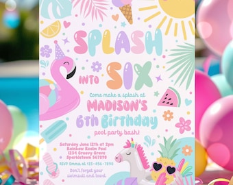 Editable Splash Into Six 6th Birthday Pool Party Invitation Tropical Summer Splish Splash Girly Pool Party Invitation Instant Download TU8