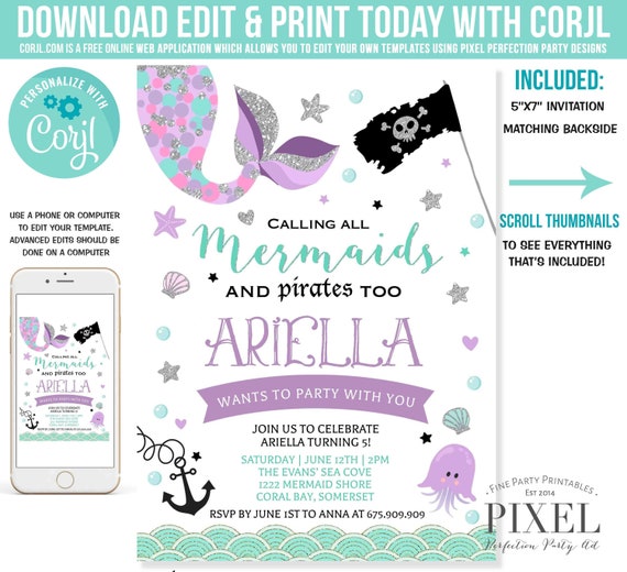 Mermaid And Pirate Birthday Invitation Mermaid and Pirate Invitation Girl Boy Mermaid And Pirate Party Instant Download Editable PDF K5 Il_570xn