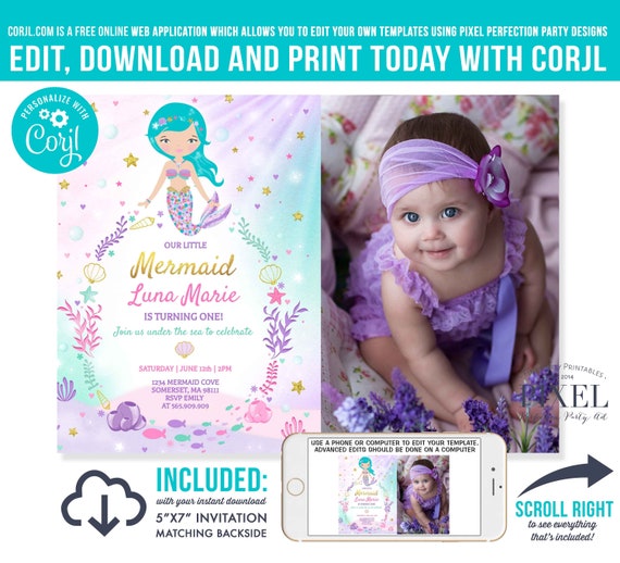 Mermaid Birthday Invitation Mermaid Birthday Party Invitation Whimsical Mermaid Under The Sea Party Instant Download Editable PDF File 7F Il_570xn