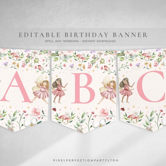 Editable Fairy Birthday Party A-Z Banner Enchanted Magical Floral Fairy Princess Spell Anything Birthday Banner Instant Editable File SF Il_570xn