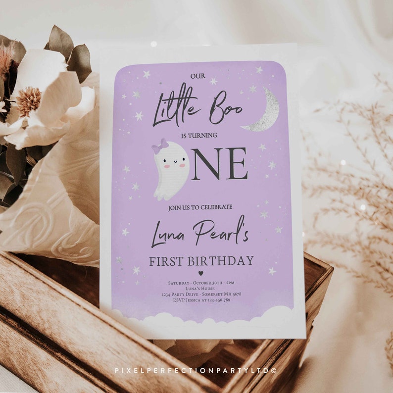 Editable Our Little Boo Birthday Party Invitation Halloween 1st Birthday Purple Cute Ghost Halloween Little Boo Party Instant Download B1 image 3