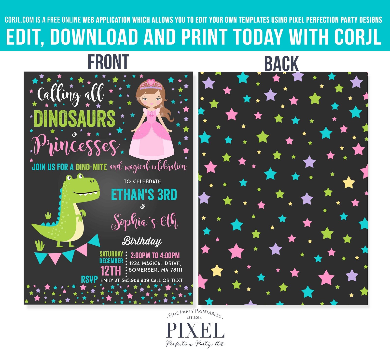 Princess And Dinosaur Birthday Invitation Sibling Princess And Etsy