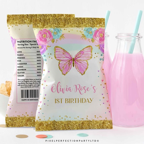 Editable Butterfly Birthday Party Chip Bag Labels Whimsical Etsy