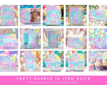 Editable Pool Party Birthday Invitation And Bundle Tropical Neon Splish Splash Girly Summer Pool Party Package Decor Instant Download Y3