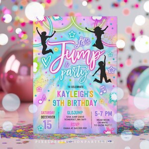 Puede incluir: Una invitaci&oacute;n colorida para una fiesta de cumplea&ntilde;os n&uacute;mero 9 con un fondo tie-dye y el texto "Let's Jump & Party" en rosa y azul. La invitaci&oacute;n incluye el nombre "Kayleigh's 9th Birthday", la fecha "S&aacute;bado 15 de diciembre", la hora "5-7 PM" y la ubicaci&oacute;n "Glojump, 1234 Jump Drive, Somerset, MA 56111". La invitaci&oacute;n tambi&eacute;n incluye el texto "RSVP Emma al 565.909.909" y "&iexcl;Usa ne&oacute;n o blanco para la fiesta de ne&oacute;n!"