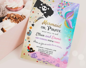 Mermaid And Pirate Birthday Invitation Sibling Mermaid & Pirate Invite Sibling Mermaid Pirate Party Instant Download Editable File 7O