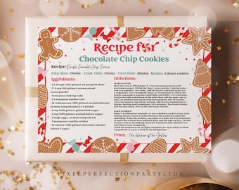 May include: A red and white printable recipe card with a gingerbread man illustration and the text "Recipe for Chocolate Chip Cookies". The recipe includes ingredients and directions for making double chocolate chip cookies.