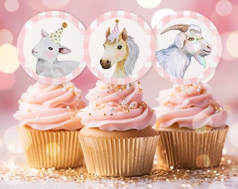 Farm Animals Birthday Party Cupcake Toppers Pink Girl Farm Barnyard Animals Birthday Party Animals Birthday Decoration Instant Download HYS