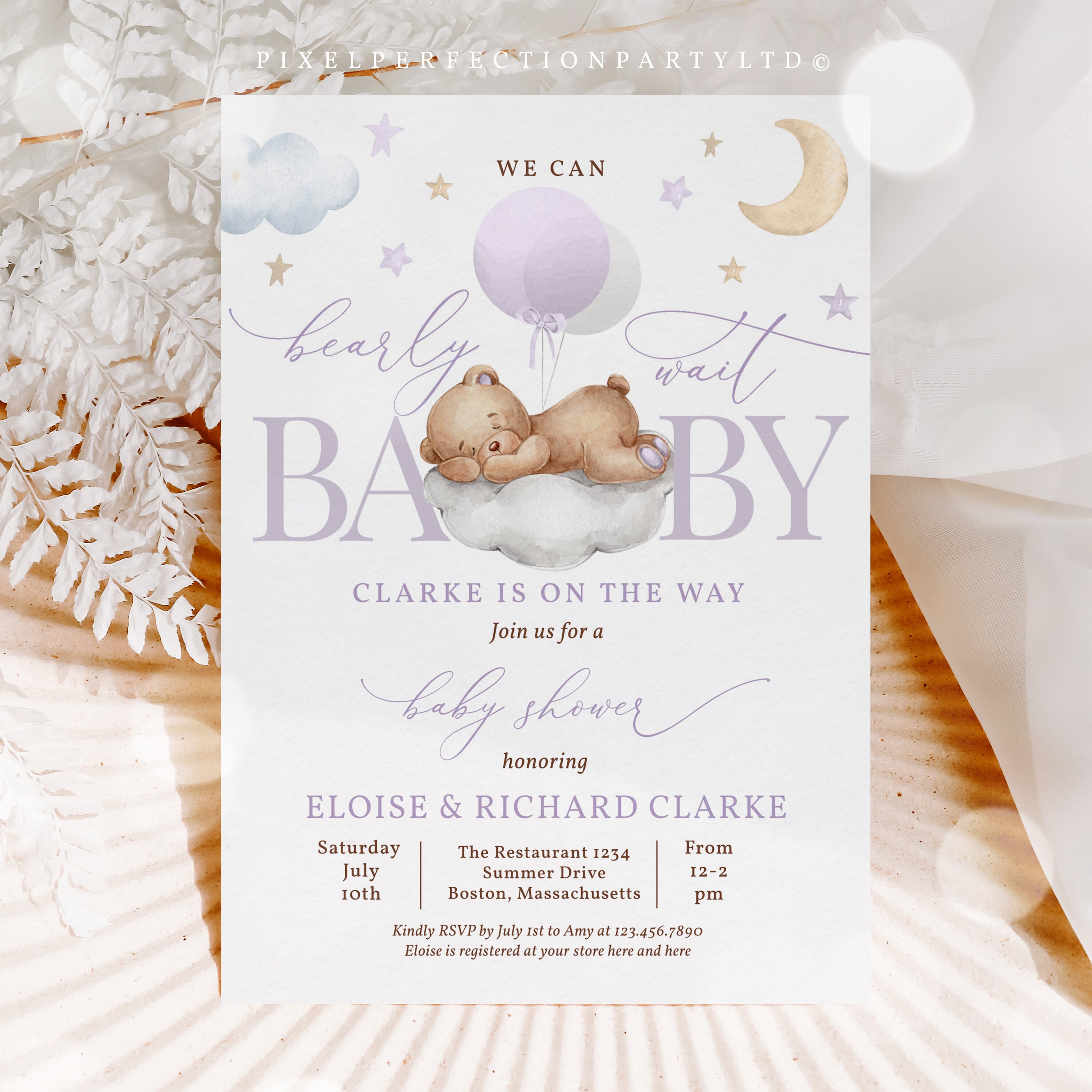 Editable Teddy Bear Balloon Baby Shower Invitation Lilac Girl Teddy Bear Cloud Star Moon Baby Shower We Can Bearly Wait Instant Download CQ3