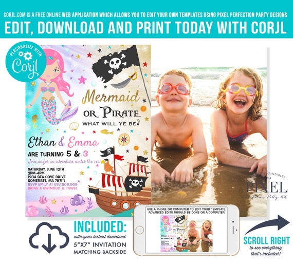 Mermaid And Pirate Birthday Invitation Sibling Mermaid & Pirate Invitation Sibling Girl Boy Combined Birthday Invite Mermaid Pirate Party 7O Il_570xn