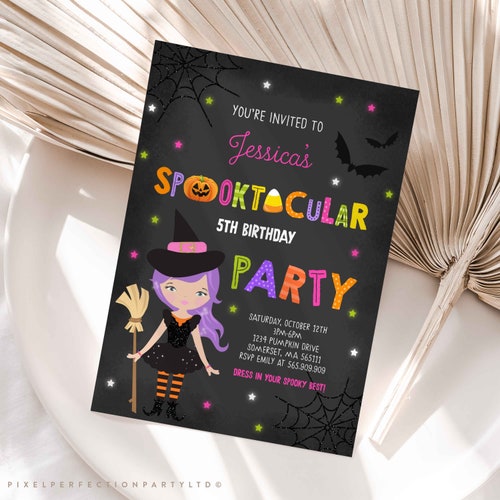 Halloween Birthday Invitation Girl Witch Halloween Birthday Etsy