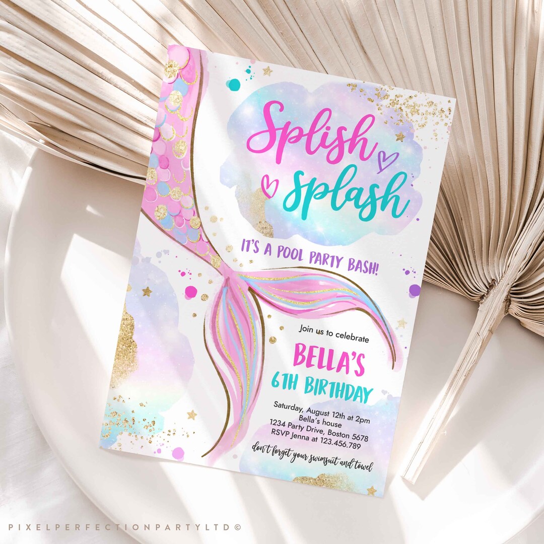 Editable Mermaid Birthday Invitation Mermaid Pool Party Invitation Pink