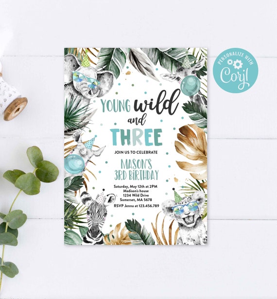 Editable Young Wild And Three Birthday Invitation Safari Animals Wild 3rd Birthday Party Gold Monochrome Jungle Party Instant Download PS Il_570xn