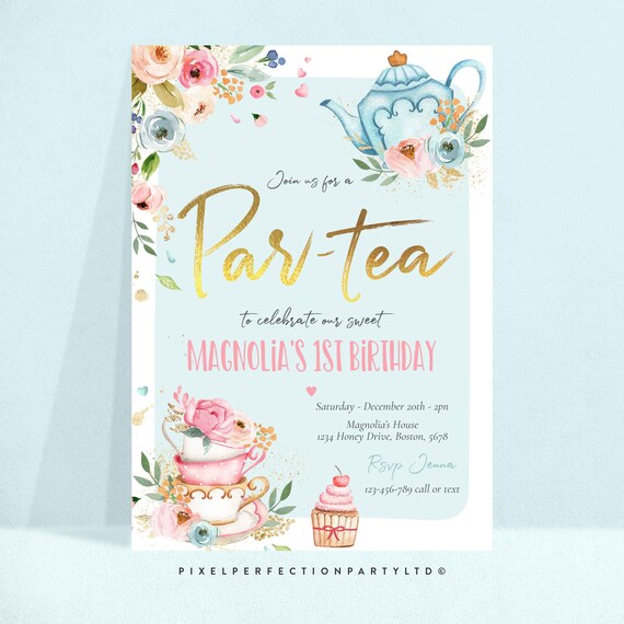 Editable Tea Party Birthday Invitation Pink & Gold Floral Par-Tea 