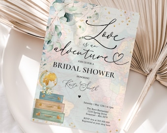 Editable Love is an Adventure Bridal Shower Invitation Greenery And Gold Eucalyptus Traveling Bridal Shower Invitation Instant Download MM