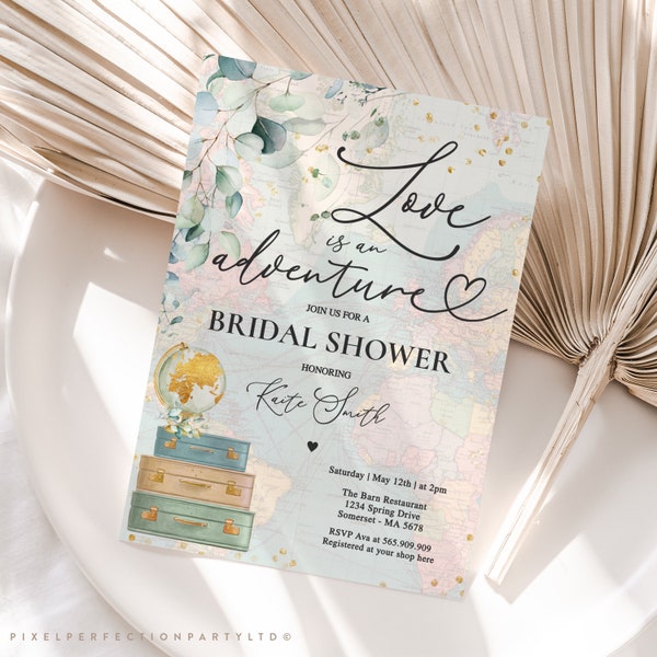 Editable Love is an Adventure Bridal Shower Invitation Greenery And Gold Eucalyptus Traveling Bridal Shower Invitation Instant Download MM