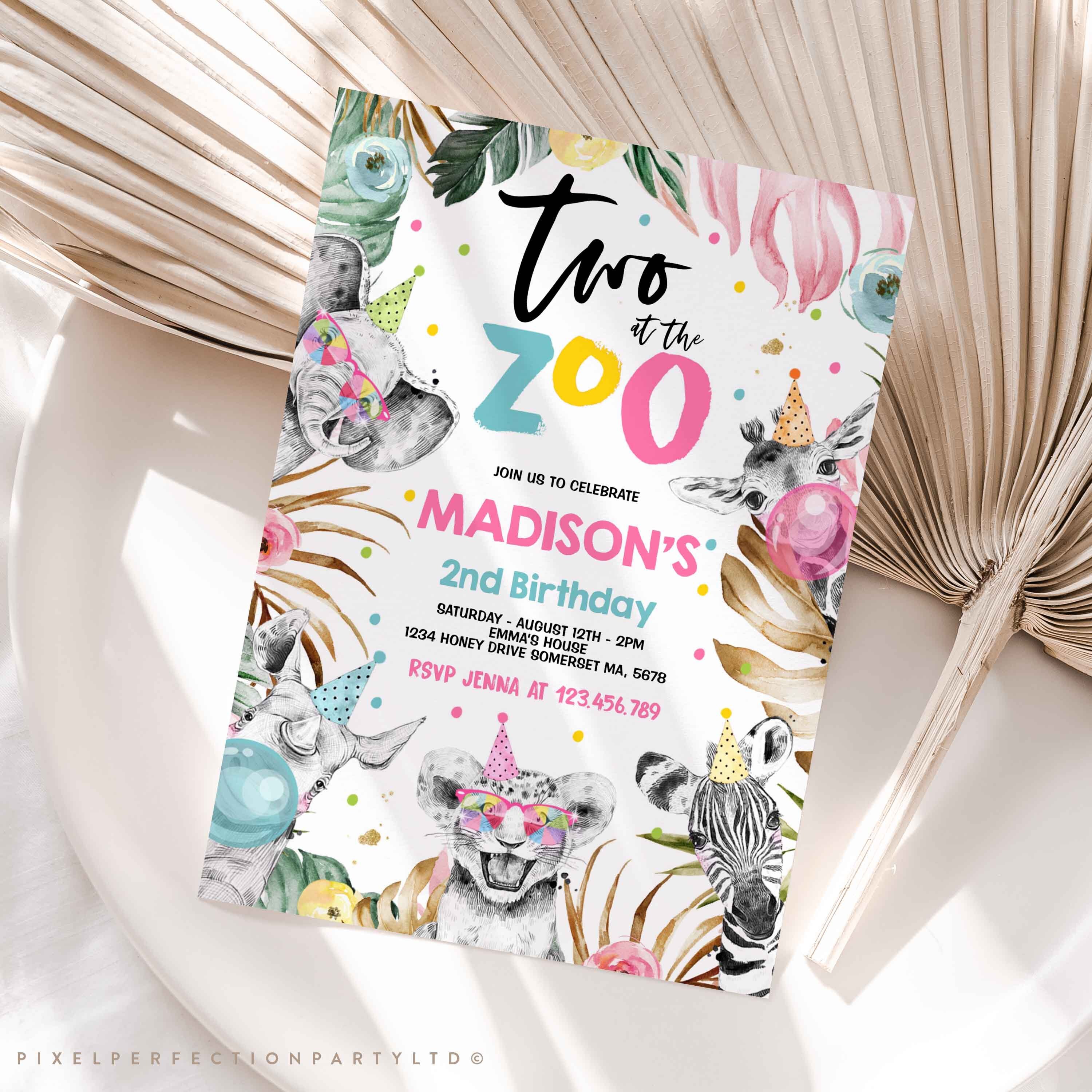 Editable Two at the Zoo Birthday Invitation Safari Animals Etsy