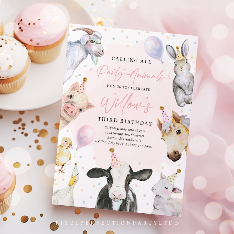 May include: A pink and white birthday invitation with a watercolor illustration of farm animals wearing party hats. The invitation says "Calling All Party Animals" and "Willow's Third Birthday". The text includes the date, time, address, and RSVP information.