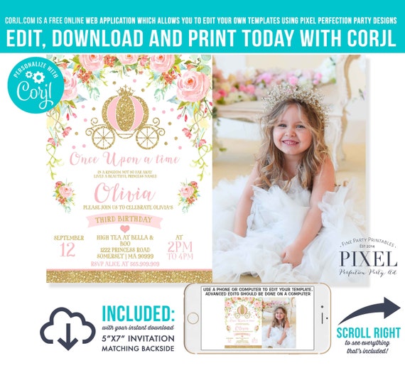 Princess Birthday Invitation Pink Gold Princess Carriage Etsy