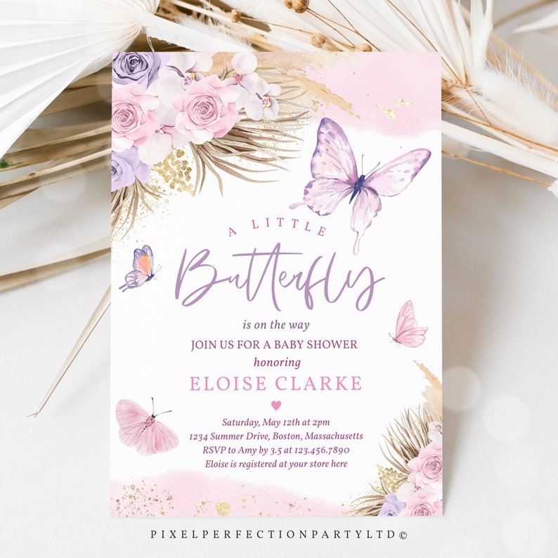 Editable Boho Butterfly Baby Shower Invitation Bohemian Pampas Grass ...