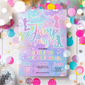 May include: A party invitation with a colorful design. The invitation reads "Let's Jump & Party" and includes details for Kayleigh's 9th birthday. The design features jumping figures, stars, and musical notes, with a pastel color scheme and confetti.
