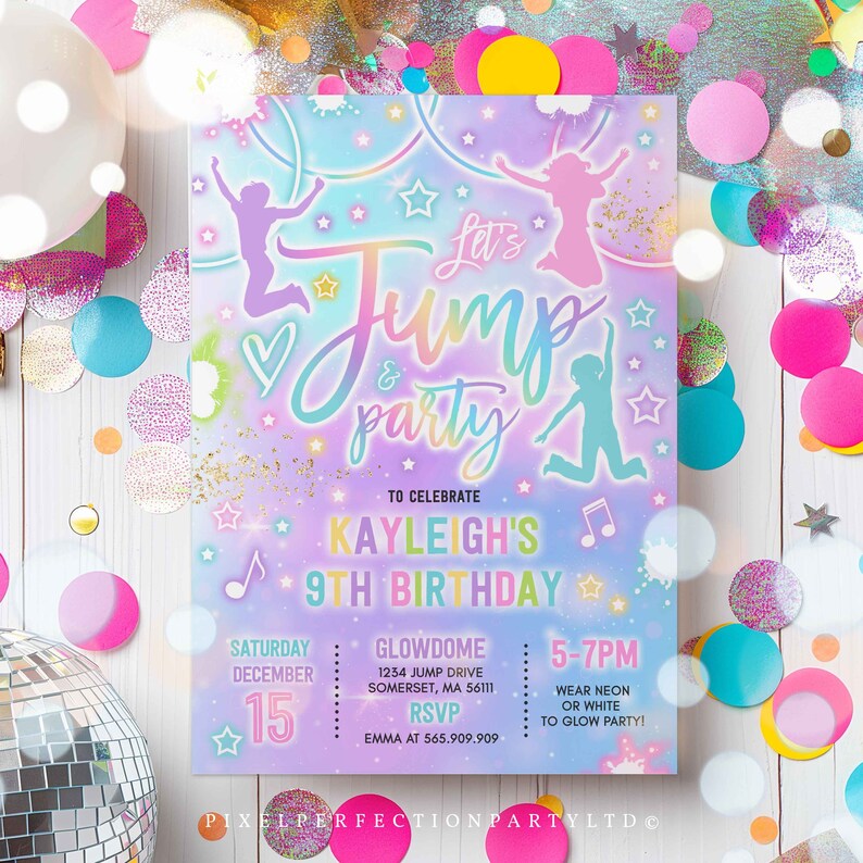 May include: A party invitation with a colorful design. The invitation reads "Let's Jump & Party" and includes details for Kayleigh's 9th birthday. The design features jumping figures, stars, and musical notes, with a pastel color scheme and confetti.
