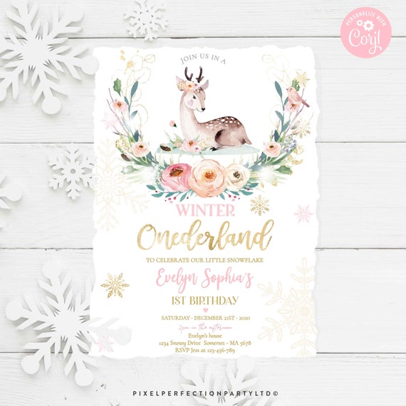 Editable WINTER ONEderland Invitation Blush Pink & Gold Whimsical Deer Winter Birthday Winter Floral Snowflake Party Instant Download HN Il_570xn