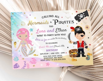 Mermaid And Pirate Birthday Invitation Sibling Mermaid & Pirate Invite Sibling Mermaid Pirate Party Instant Download Editable File 7O