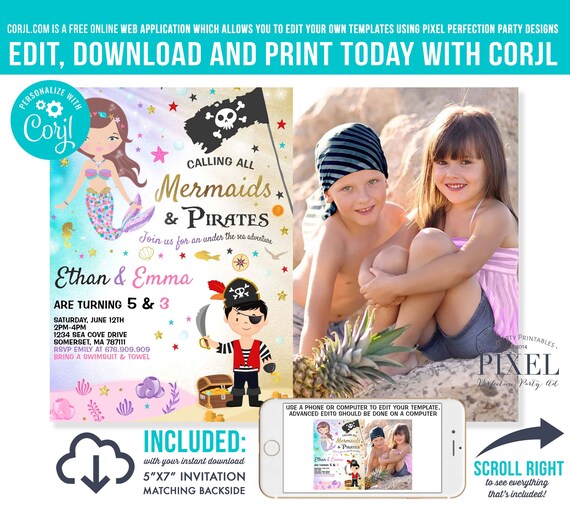 Mermaid And Pirate Birthday Invitation Sibling Mermaid & Pirate Invite Sibling Mermaid Pirate Party Instant Download Editable File 7O Il_570xn