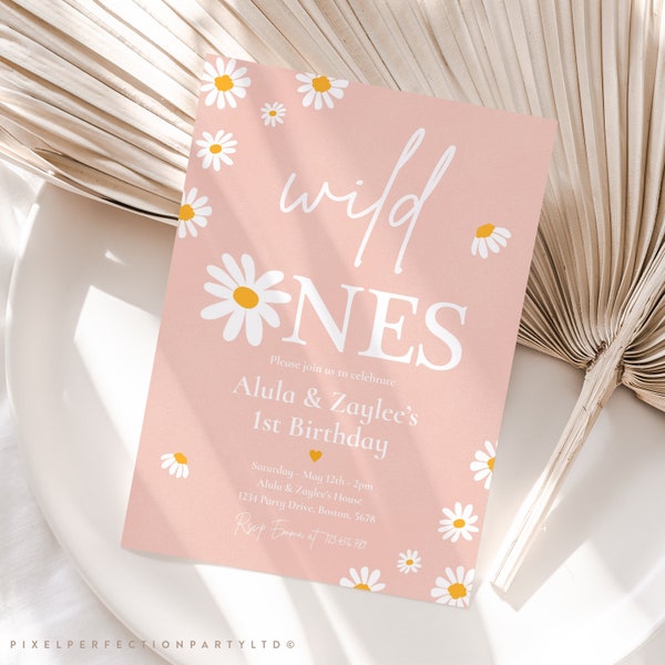 Editable Daisy Twin Birthday Party Invitation Boho Daisy Wild Ones Twin 1st Birthday Party Bohemian Groovy Party Instant Download BD