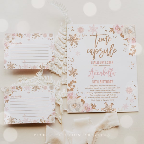 Editable Winter ONEderland Time Capsule And Note Card Pink & Rose Gold Floral Winter ONEderland 1st Birthday Party Decor Instant Download LH