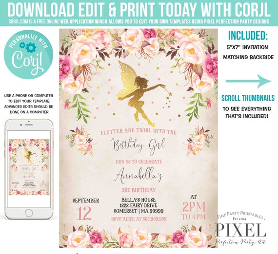 Fairy Invitation Fairy Birthday Invitation Rustic Floral Fairy Invitation Magical Floral Fairy Party Instant Download Editable Corjl N1 Il_570xn