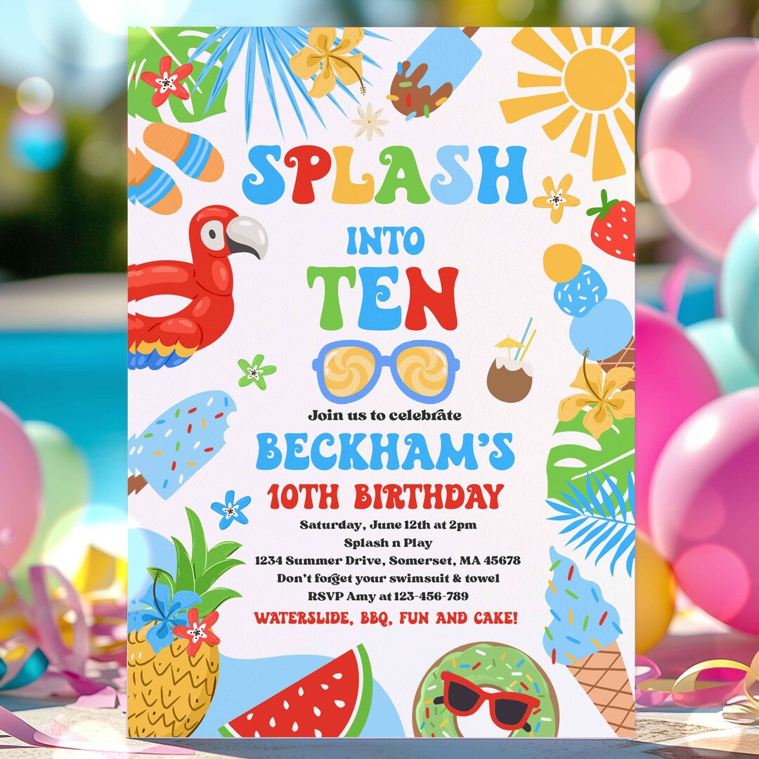 Editable Splash Into Ten 10th Birthday Pool Party Invitation Tropical ...